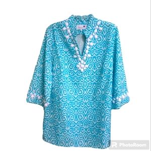 Completely Me by Liz Lange Top Blue & White Tunic Embellished Boho  Women's  XL
